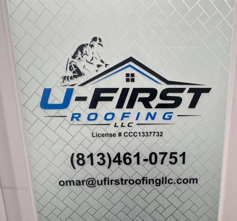 U First Roofing office door in Lutz with the logo, license number CCC1337732, phone and email