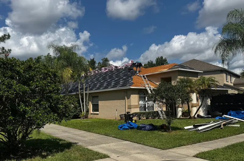 House mid tear-off with ladders at the fascia and tarps protecting the lawn