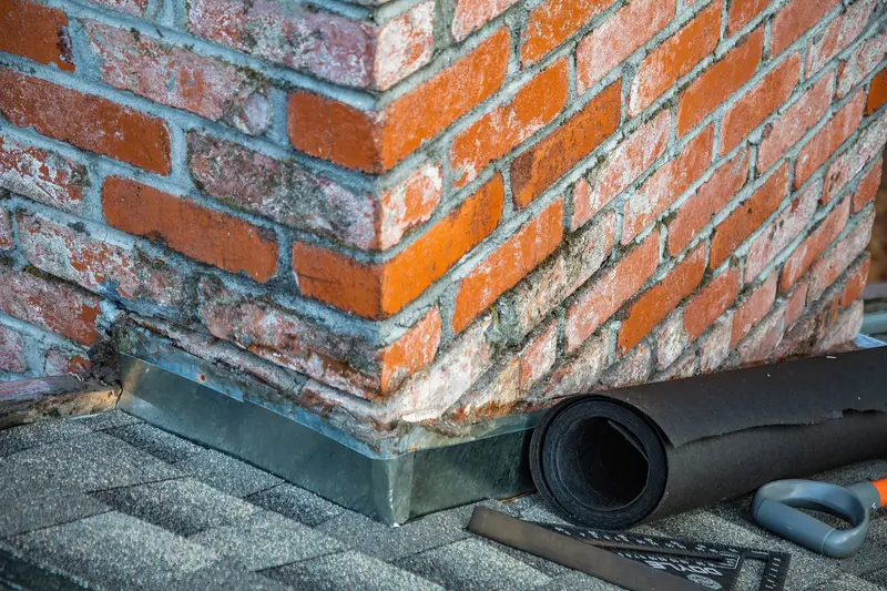 Flashing at the base of a brick chimney with a roll of underlayment and snips