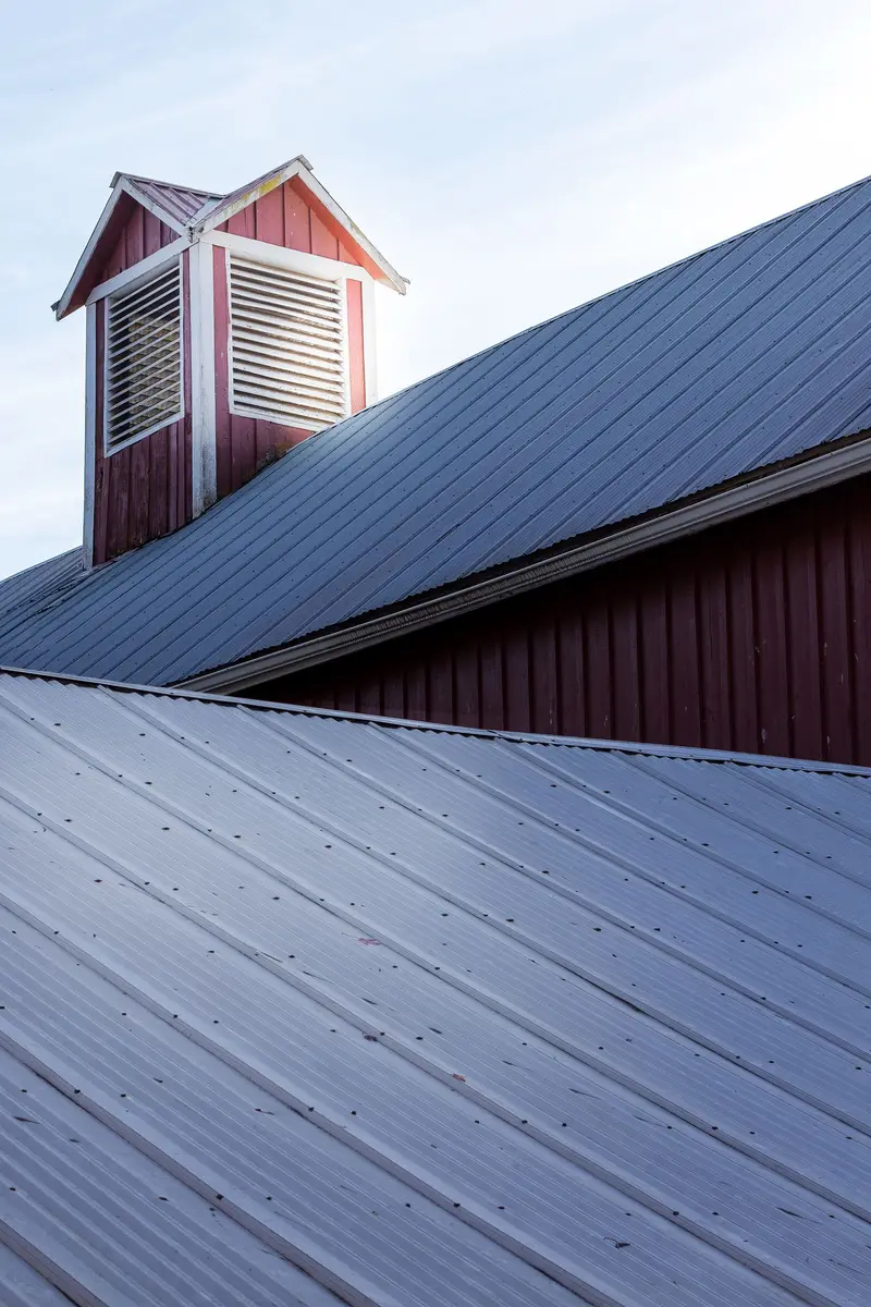 Silver metal roof panels below a cupola